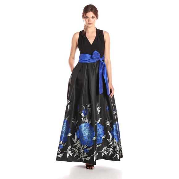 Eliza J Women's Gown Black & Blue Jacquard Floral Ballgown Size 12 Regency core - Picture 1 of 7